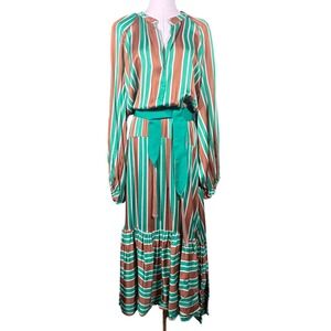 Dixie Green Brown Striped Viscose Maxi Dress Tassel Belt Womens Medium